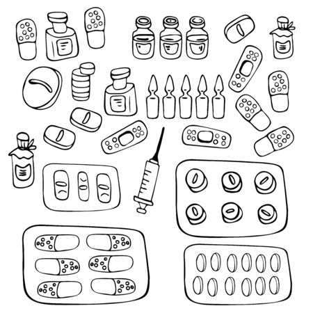 Vector big medical set in doodle style isolated. Pills, tablets, capsule, vitamins, antibiotics, treatment, syringe, injection, enema. Vector outline illustration. Coloring book page. For booklets.のイラスト素材
