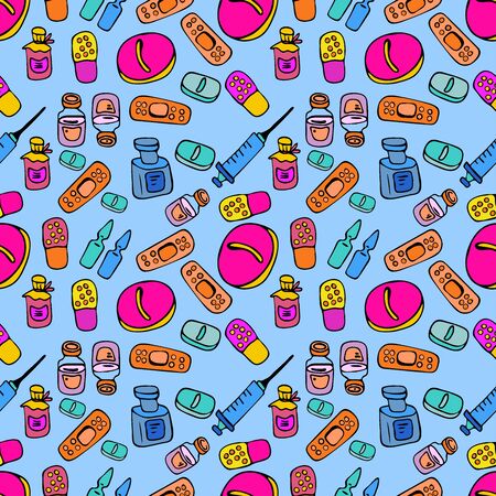 Vector, seamless pattern on a medical theme. With the image of injections, adhesive tape, tablets, ampoules. For the design of medical printed materials, printing on fabric, registration of invitationのイラスト素材
