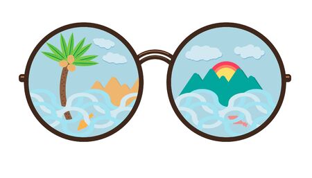 Vector image of sunglasses. In which the waves of the sea of ??the ocean, palm trees with coconuts, mountains and fish are reflected. The sun sets, rises due to the mountains. For travel magazines.のイラスト素材