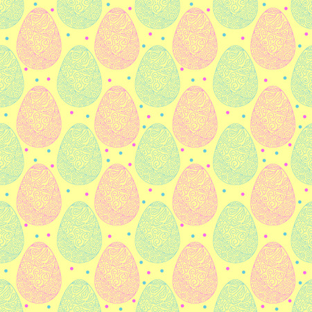 Vector seamless pattern of pink and yellow Easter ornate eggs with yellow backgroundのイラスト素材
