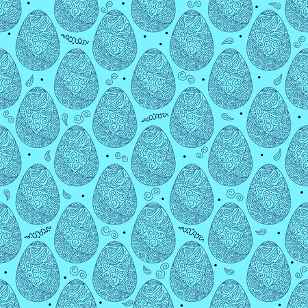 Vector seamless pattern of blue easter ornate eggs with light blue backgroundのイラスト素材