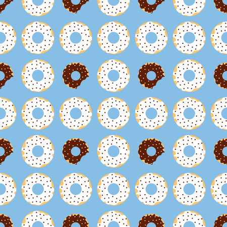 Vector seamless pattern of donuts with dark and white chocolate icing  with blue backgroundのイラスト素材