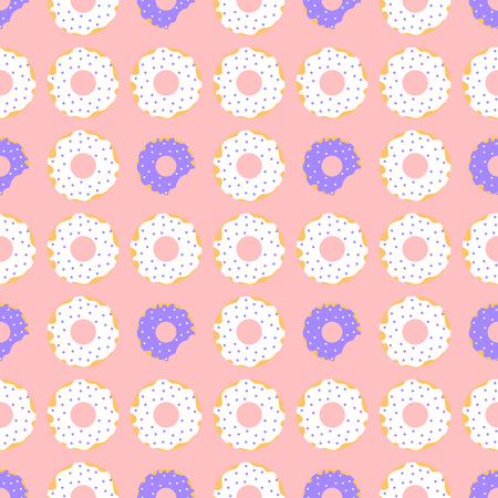 Vector seamless pattern of donuts with violet and white icing  with red backgroundのイラスト素材
