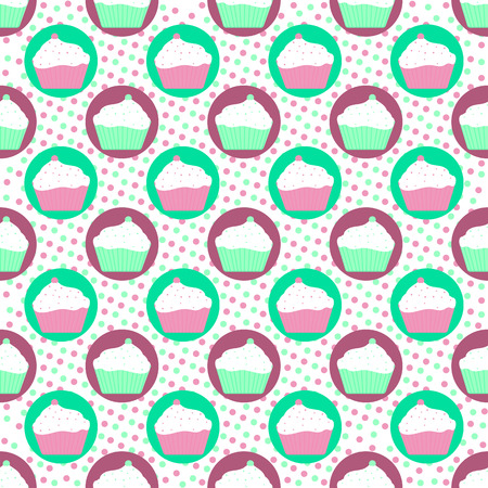 Vector seamless pattern of mint and violet cakes with colorful dotsのイラスト素材