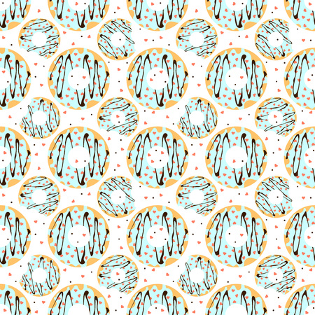 Vector seamless pattern of donuts with blue icing, chocolate topping and heart-shaped sprinklesのイラスト素材