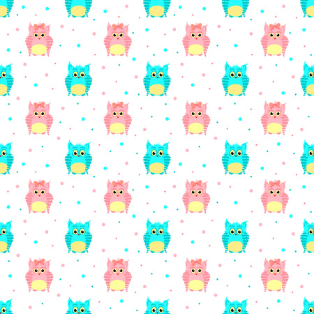 Vector seamless pattern of fluffy  pink and blue owls with dotted backdropのイラスト素材
