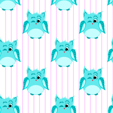 Vector seamless pattern of blue-colored winking owls with striped backdropのイラスト素材