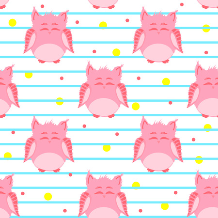 Vector seamless pattern of pink-colored smiling owls with striped and dotted backdropのイラスト素材