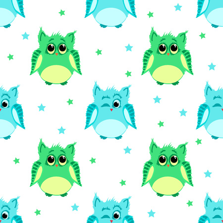 Vector seamless pattern of blue-coloredwinking owls and green-colotred owls with sad eyes with starsのイラスト素材
