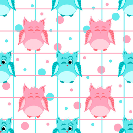 Vector seamless pattern of pink and blue colored winking smiling owls with dotted and striped backdropのイラスト素材