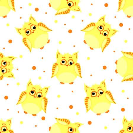 Vector seamless pattern of yellow funny cross eyed owls and dotted backdropのイラスト素材