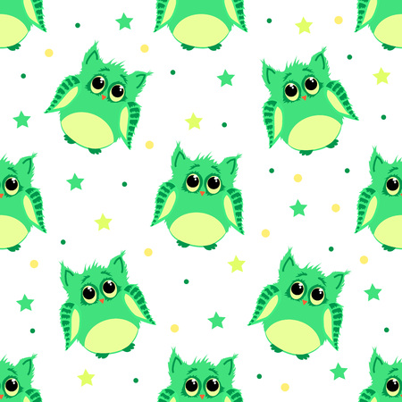 Vector seamless pattern of cute sad green colored owls with stars and dots in the backgroundのイラスト素材