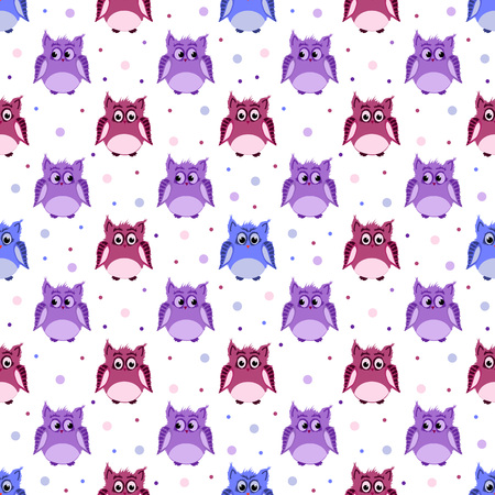 Vector seamless pattern of strict, angry,  surprised violet, purple and blue colored owls with dots in the backgroundのイラスト素材