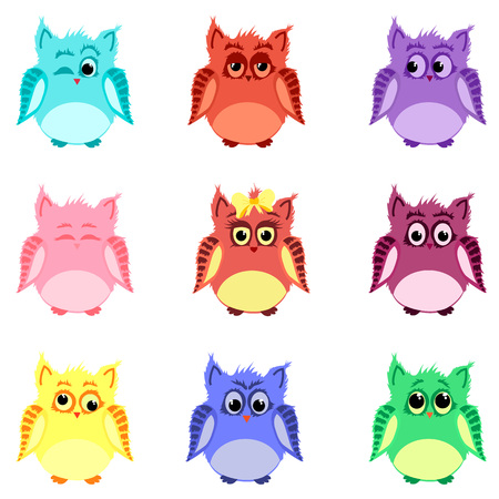 Vector set of nine colorful owls with different emotionsのイラスト素材