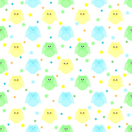 Vector seamless pattern of cute blue, green and yellow owls with stars and dots in the backgroundのイラスト素材