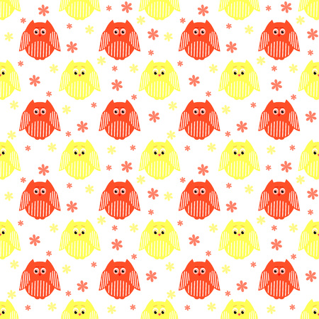 Vector seamless pattern of cute red and yellow owls with flowers in the backgroundのイラスト素材