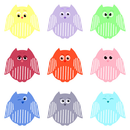 Vector set of cute owls of different colors with different emotionsのイラスト素材