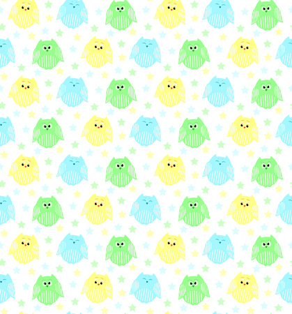 Vector seamless pattern of cute blue, green and yellow owls with stars in the backgroundのイラスト素材