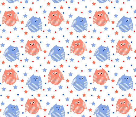 Vector seamless pattern of cute red and blue owls with stars in the backgroundのイラスト素材