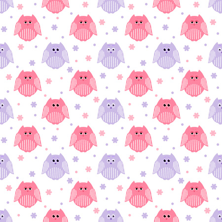 Vector seamless pattern of cute pink and violet owls with flowers and dots in the backgroundのイラスト素材