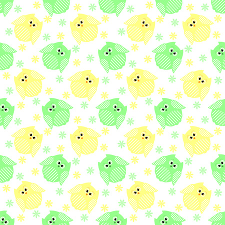 Vector seamless pattern of cute green and yellow owls with flowers in the backgroundのイラスト素材