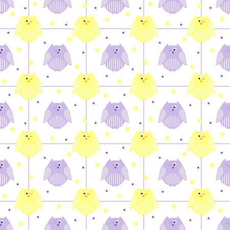 Vector seamless pattern of cute violet and yellow owls with stars and lines in the backgroundのイラスト素材