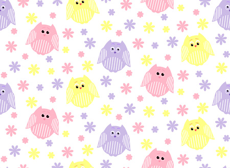 Vector seamless pattern of cute pink, violet and yellow owls with flowers in the backgroundのイラスト素材