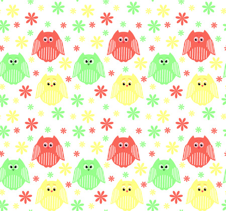 Vector seamless pattern of cute red, green and yellow owls with flowers in the backgroundのイラスト素材