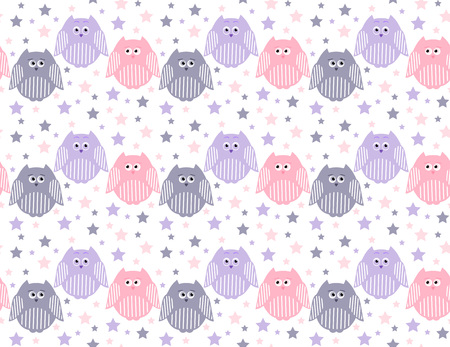 Vector seamless pattern of cute violet, pink and grey owls with stars in the backgroundのイラスト素材