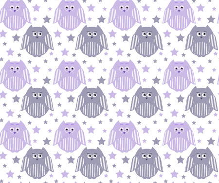 Vector seamless pattern of cute violet and grey owls with stars in the backgroundのイラスト素材