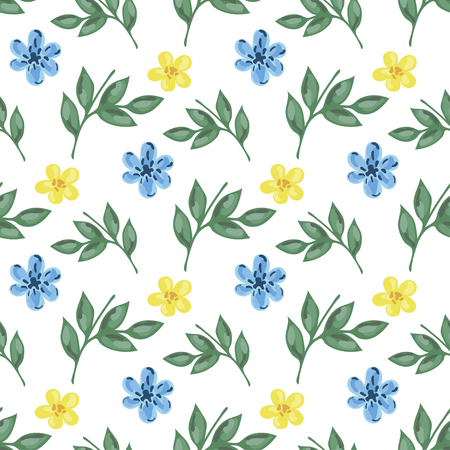 Vector seamless pattern of branches with leaves and blue and yellow flowersのイラスト素材