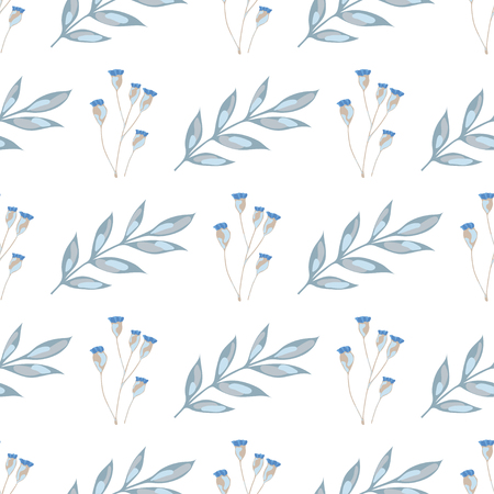 Vector seamless pattern of branches with blue buds and leavesのイラスト素材