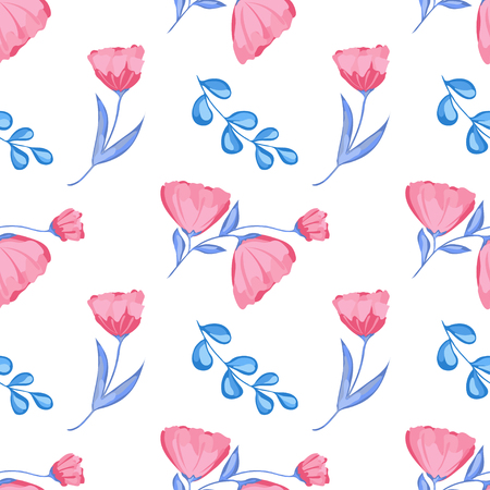 vector seamless pattern of blossoming pink flowers and blue branches with leavesのイラスト素材