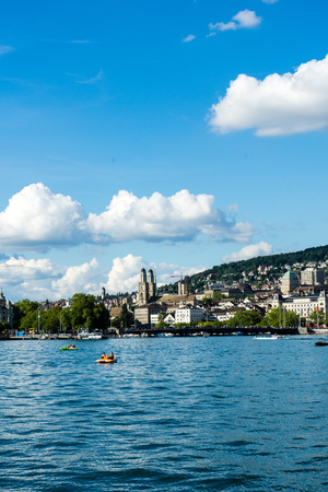 Lake Zurich with city view at daytime in summerの写真素材
