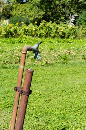 rusty old water pipe in garden at a hot summer day green meadowの写真素材