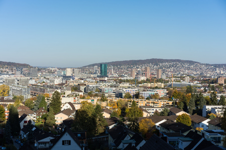 zurich outskirts panorama view with blue skyの写真素材