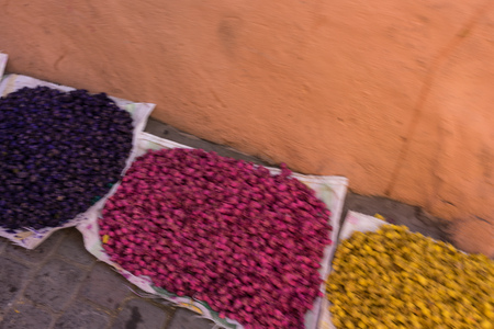 Herb shop in famous old Medina in Marrakesh, Moroccoの写真素材