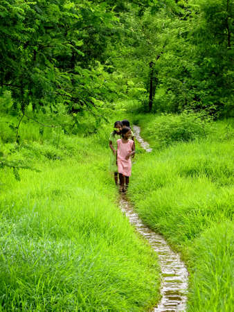 Khershet,Maharashtra,India-August 30th,2009:Village girls happily walking a small pathway surrounded by lush green fields after a drizzle in monsoon.のeditorial素材