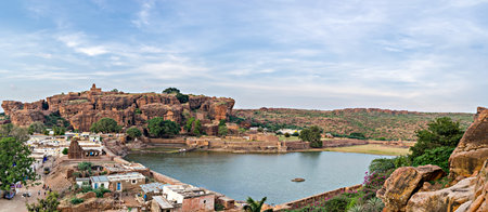 Panorama image of Lake near natural stone caves in Badami, Karnataka, India.