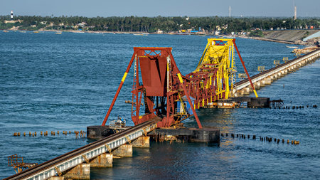 Pamban Bridge is a railway bridge which connects the town of Mandapam in mainland India with Pamban Island and Rameswaram.の写真素材