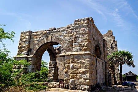 Remains of ancient railway station building that was washed away in cyclone of 1964 in Dhanushkodi.の写真素材