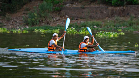 Pune, Maharashtra, India-April 3rd, 2022:Intentional camera movement, pan image of speeding kayak...