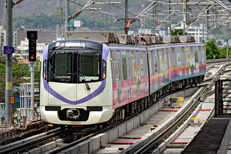 Close up image of Rapid transit metro train entering Vanaz station in Pune. This is a recently...