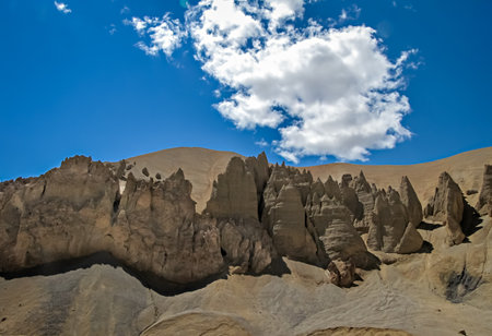 Naturally formed rock shapes and mountains with beautiful blue sky , clouds background on adventurous road from Manali to Leh in India.の写真素材