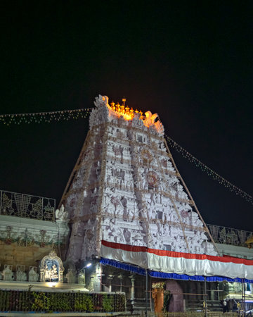 Night image of Tirupati temple in Andhra Pradesh, Indiaの写真素材