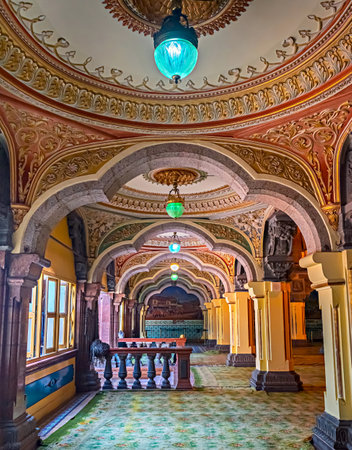 Beautiful, colorful interior of the Mysore Palace, also known as Amba Vilas Palace, in Karnataka,...