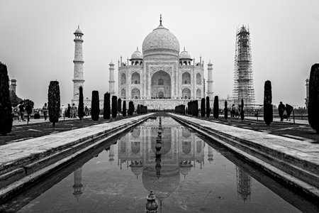 Architecture marvel construction of one of the seven wonders of the world:Tajmahal. Black & White photograph without crowd.の写真素材