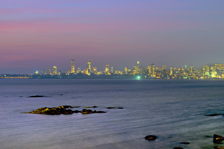 Evening view of famous Mumbai skyline along Marine Drive, Mumbai, India.の写真素材