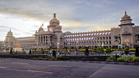 Largest legislative building in India - Vidhan Soudha , Bangalore with nice evening blue sky background.の写真素材
