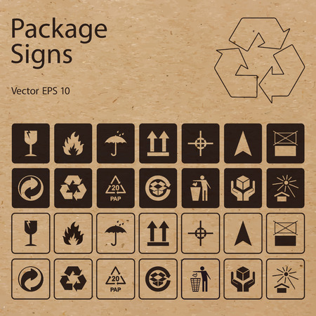 Vector package symbols on craft paper background. Icon set including waste recycling, fragile, flammable, this side up, handle with care and other caution signs, can be used on the box or packaging.のイラスト素材